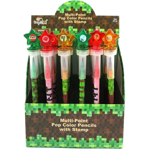 TINYMILLS 24 Pcs Pixel Miner Themed 2 in 1 Stackable Stacking Crayon with Extra Stamper Topper, Kids Party Favors, Goodie Bag Stuffers, Classroom Rewards, Prizes