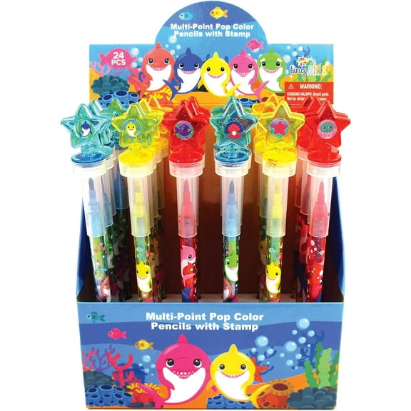 TINYMILLS 24 Pcs Shark Family 2 in 1 Stackable Stacking Crayon with Extra Stamper Topper, Kids Party Favors, Goodie Bag Stuffers, Classroom Rewards, Prizes