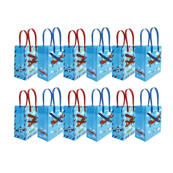Tinymills Airplane Themed Reusable Plastic Goodie Bags with Handles, Pack of 12