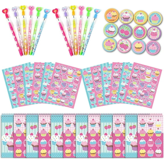 TINYMILLS Cupcake Birthday Party Favor Set (12 stackable pencils, 12 stampers, 12 sticker sheets, 12 small spiral notepads) Cupcake Party Favors Two Sweet...