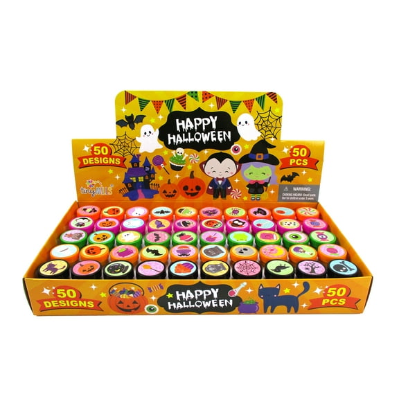 TINYMILLS Cute Spooky Halloween Stampers for Kids, 50 Pack Assorted Spooky Designs, Multi-Color Plastic Self-Inking Stamps with Pumpkin, Ghost, Bat Patterns for Party Favors, Non-Candy Trick or Treat