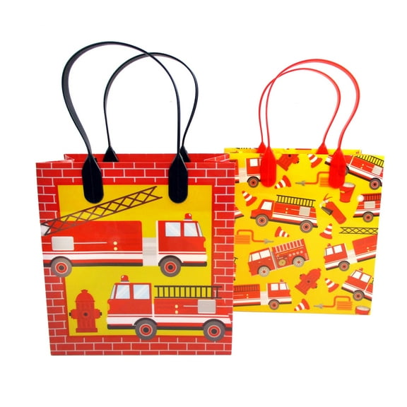 Tinymills Sturdy Reusable Fire Truck Goodie Treat Bags with Handles for Kids Birthdays, 12 Pack