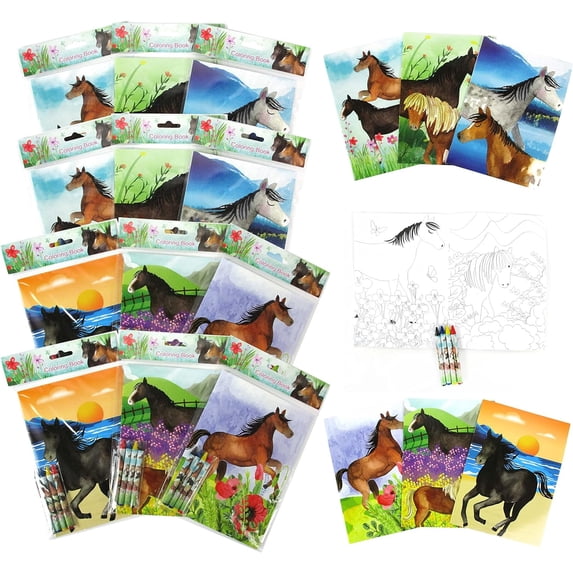 Tinymills Horse and Pony Coloring Book Set with 12 Books and 48 Crayons for Kids Party Giveaway