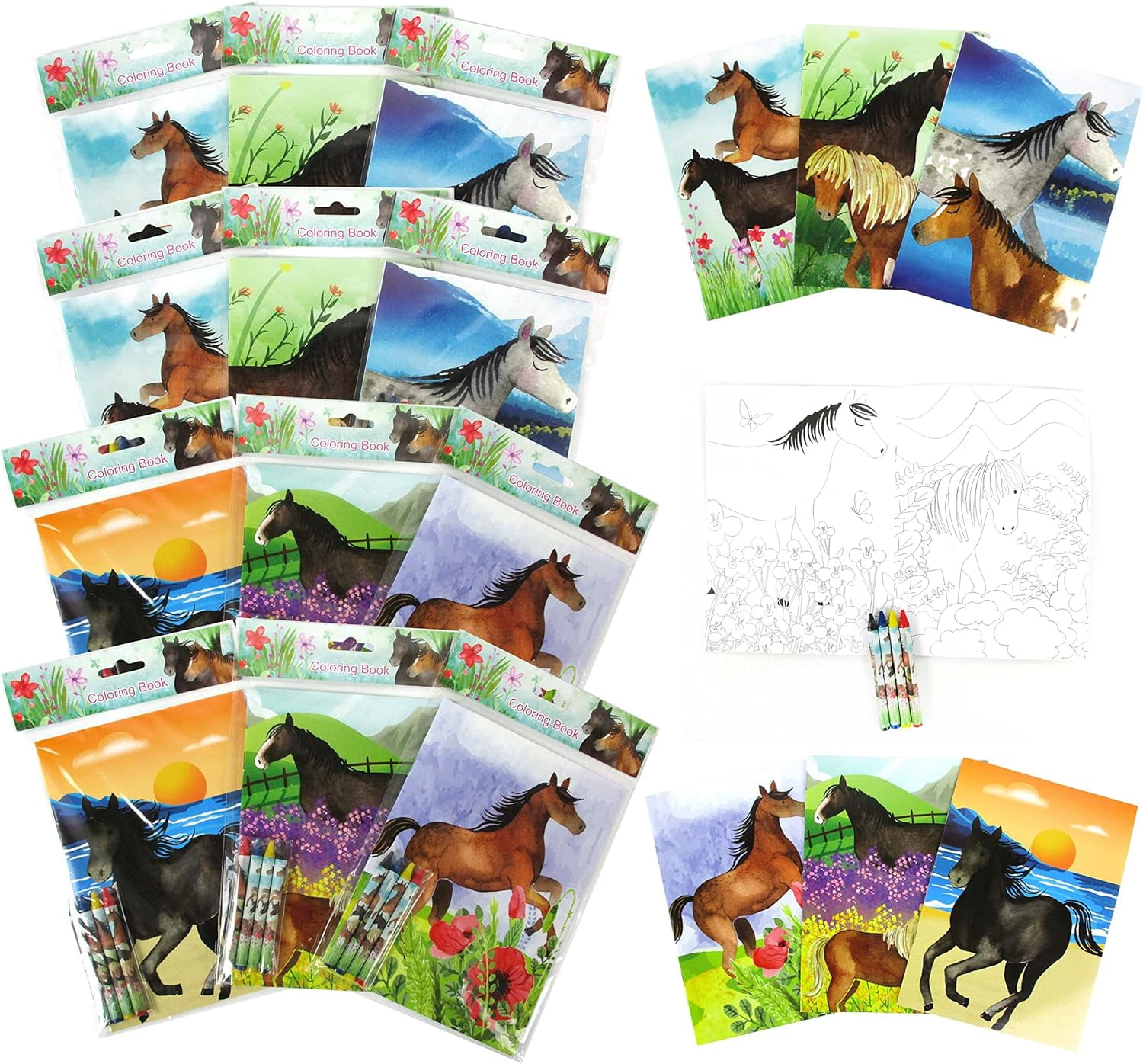 TINYMILLS Horse and Pony Coloring Book Set with 12 Coloring Books and 48 Crayons Horse Western Birthday Party Supplies Favor Bag Filler