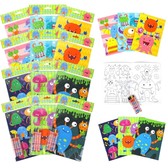 TINYMILLS Monster Coloring Book Set with 12 Coloring Books and 48 Crayons Monster Birthday Party Favor Bag Filler Carnival Prizes Rewards Classroom Party