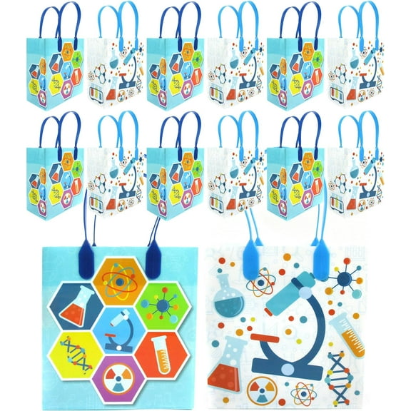 TINYMILLS Science Party Favor Treat Bags- Science Party Goodie Bags with Handles for Birthday Party Science Fair, Pack of 12
