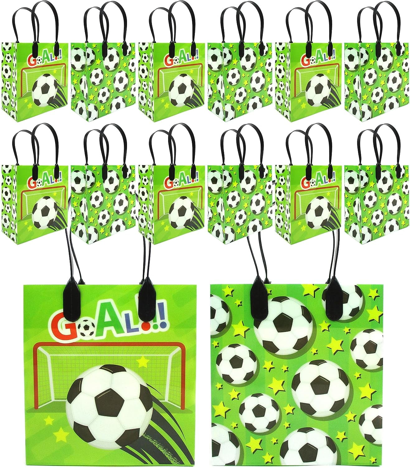 Tinymills Soccer Party Favor Treat Bags with Handles, Reusable Snack Goodie Bags for Birthday Celebration, Pack of 12