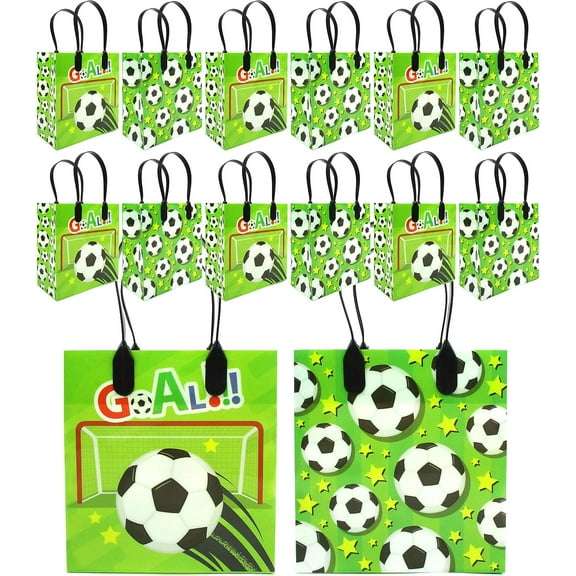 Tinymills Soccer Party Favor Treat Bags with Handles, Reusable Snack Goodie Bags for Birthday Celebration, Pack of 12