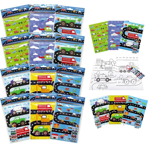 TINYMILLS Transportation Vehicles Trains and Construction Coloring Book for Kids Party Favor Set with 12 Coloring Books and 48 Crayons Birthday Party Supplies Cars Party Favor Bag Fillers