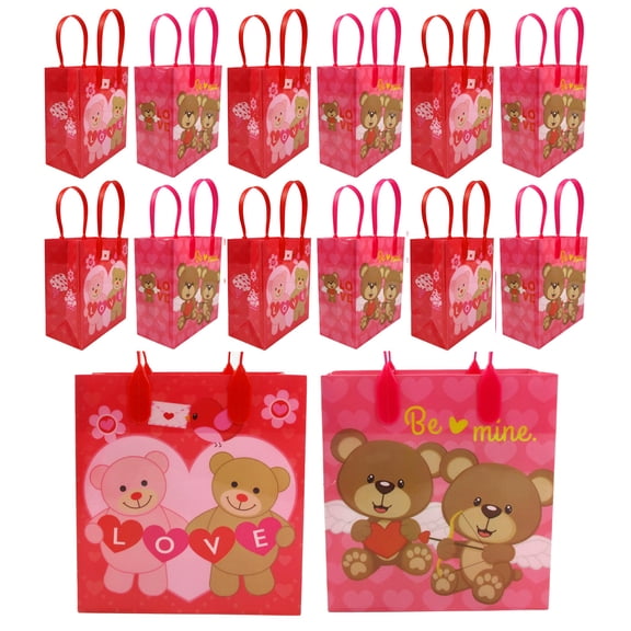 TINYMILLS Valentines Day Goody Bags 12 Pack Cute Valentine Classroom Exchange Party Favor Bags for Kids, Heart & Valentine Designs, Treat Bags for Candy, Cards & Gifts