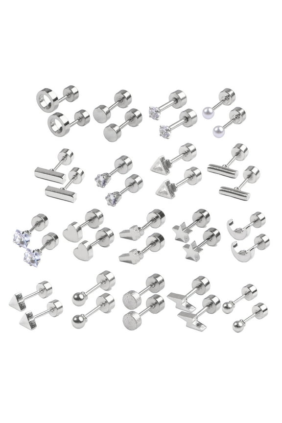 18 Pairs Simple Stainless Steel Stud Earrings for Triangle Heart Star Moon Screwback Flat Back Earrings Geometric Earrin