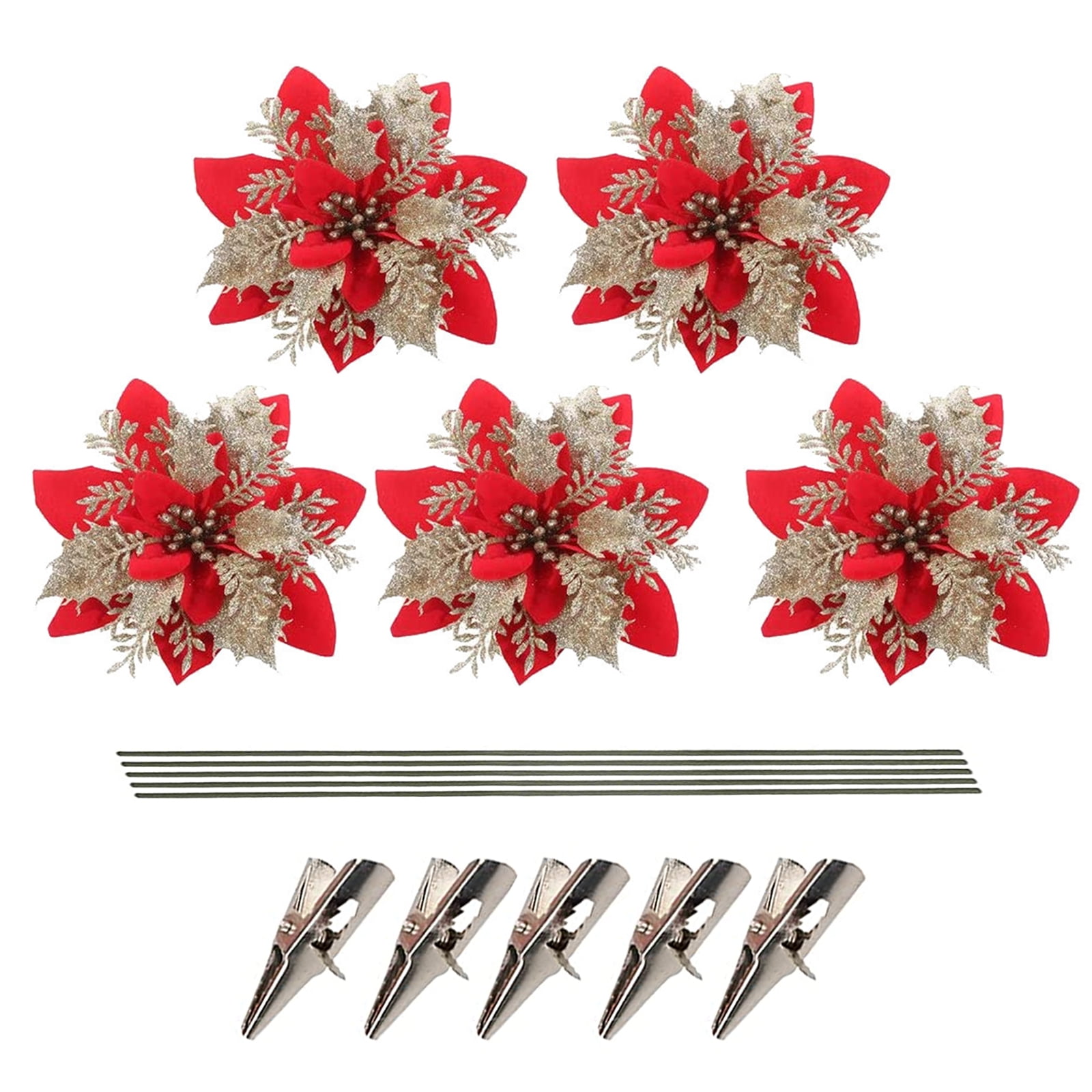 TINYSOME 5pcs 14cm Glitter Artificial Christmas Flowers with Clips