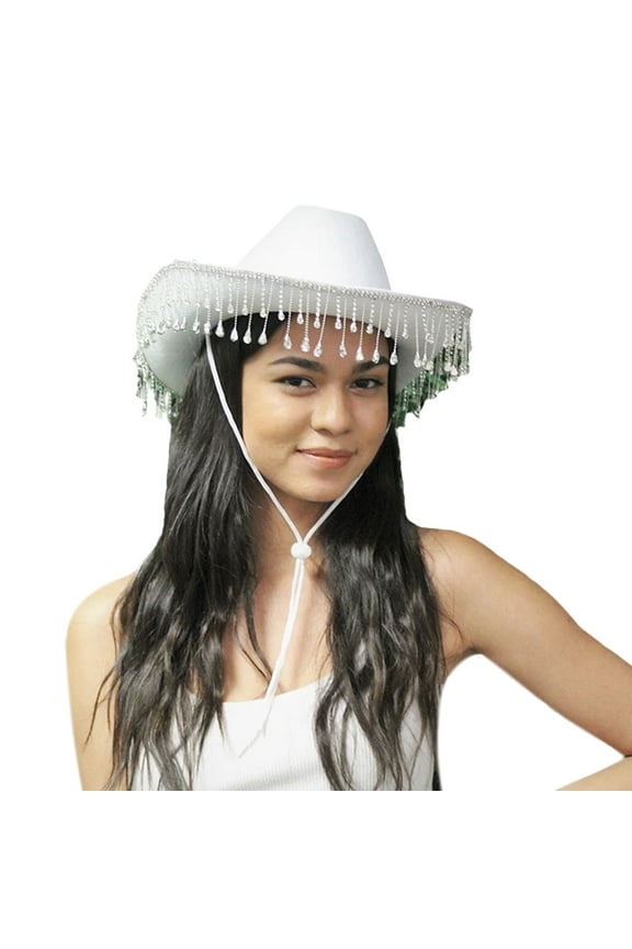 Ladies Girls Wide Brim Jazz Hat for Rhinestone Fringe Cowboy White Hat for Chris