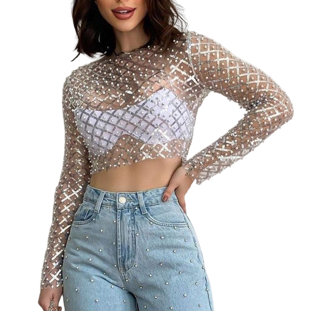 sequin crop top long sleeve