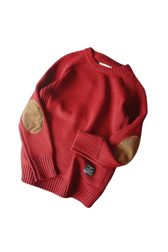 Men Winter Thick Chunky Knit Long Sleeve Sweater Vintage Elbow Patch Faux Wool Pullover Top Solid Color Casual Loose Jumper Shirt Streetwear