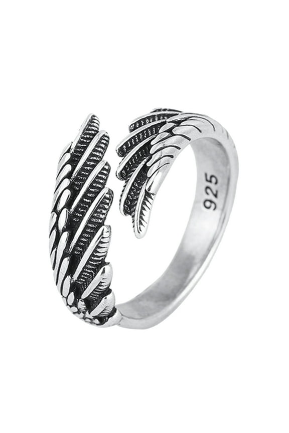 Men Women Vintage Feat-- Silver Rings Adjustable Angel Wing Ring Fashion Jewelry for Valentine's Day Birthday Gift