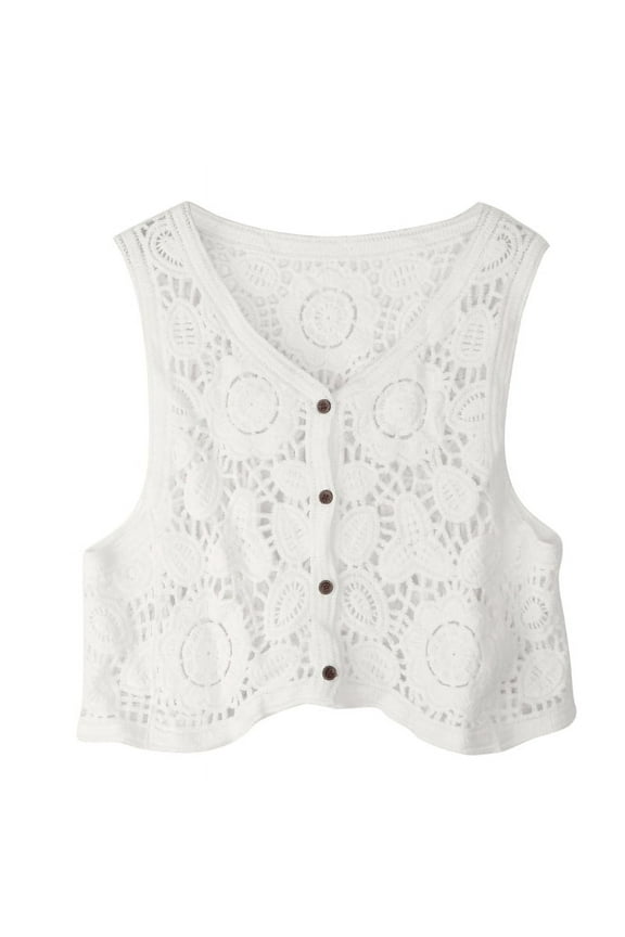 Summer Crochet Vest Waistcoat for Women Knit Floral Sleeveless Cropped Cardigan