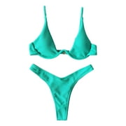 TINYSOME Women Brazilian Bikini Set V-Neck Push Up Underwire for Triangle Swimsuit Bright Neon Solid Color Ribbed Bathing Su