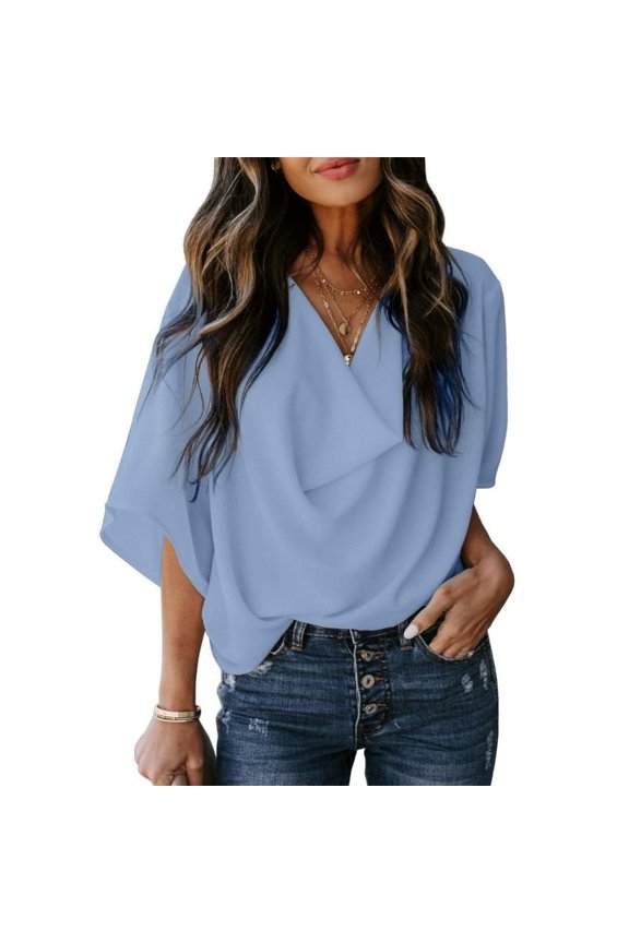 Women Flared Half Sleeve T-Shirts Drape Cowl Neck Solid Color Chiffon Blouses