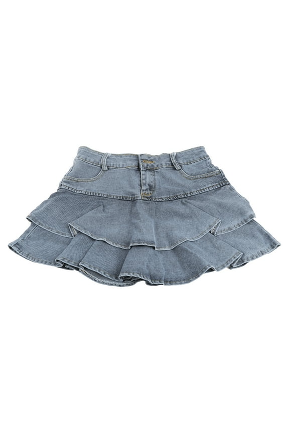 Women High Waist A-Line Mini Cake Jeans Skirt Vintage Washed Pleated Ruffles Layered Tiered Casual Slim Denim Streetwear