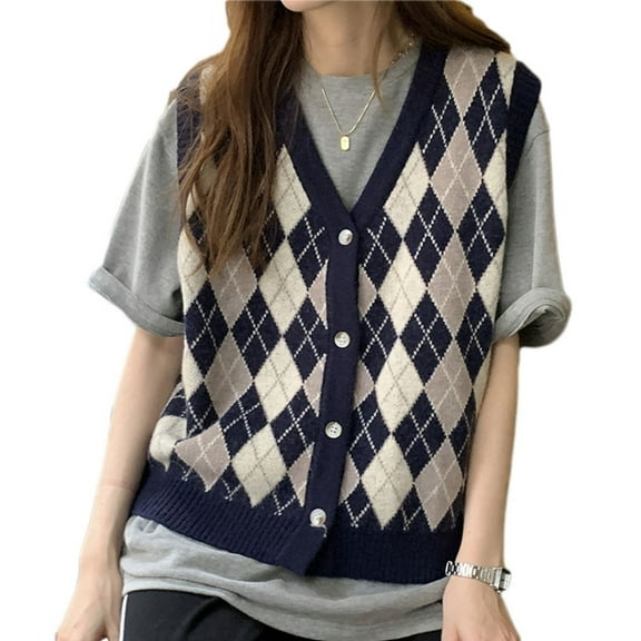 TINYSOME Women Knitted Waistcoat Sleeveless Argyle Plaid Button Up V-Neck Sweater Vest