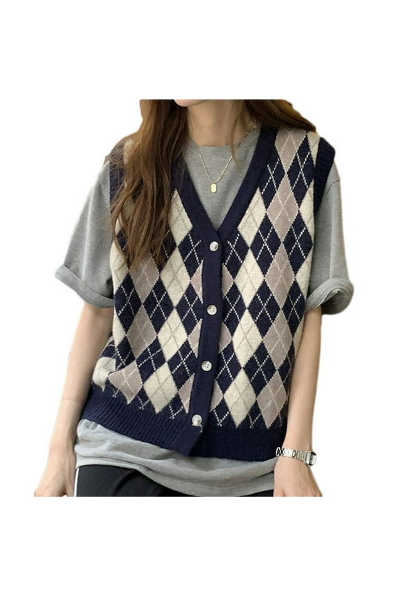 Women Knitted Waistcoat Sleeveless Argyle Plaid Button Up V-Neck Sweater Vest