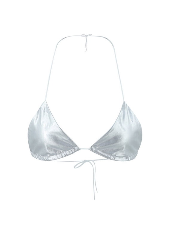 Women Metallic Bathing Suit Halter Triangle Bikini Bra Sexy Backless Swim Top