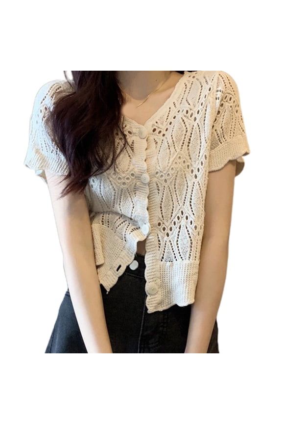 Women Retro Crochet Short/Long Sleeve Cardigan Hollow Out Knitted Floral Buttons V-Neck Sweater Coat Scalloped Trim Loose Cropped for Jacket Outwear