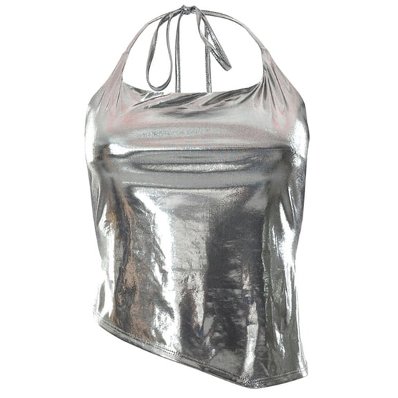 TINYSOME Womens Halter Neck Crop Top Shiny Metallic Asymmetrical Camisole Vest Clubwear