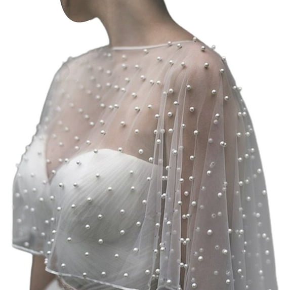TINYSOME Womens Vintage Full Tulle Pearl Beads Cape Wrap Around Neck Shawl Solid Color Summer Elegant Bridal Capelet Bolero