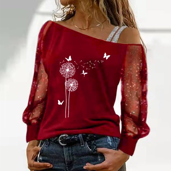 TINZEN Women Casual D Andelion Print Mesh Long Sleeve Cold Shoulder T-Shirt Blouse Tops Summer T Shirts Turtle Neck Tee