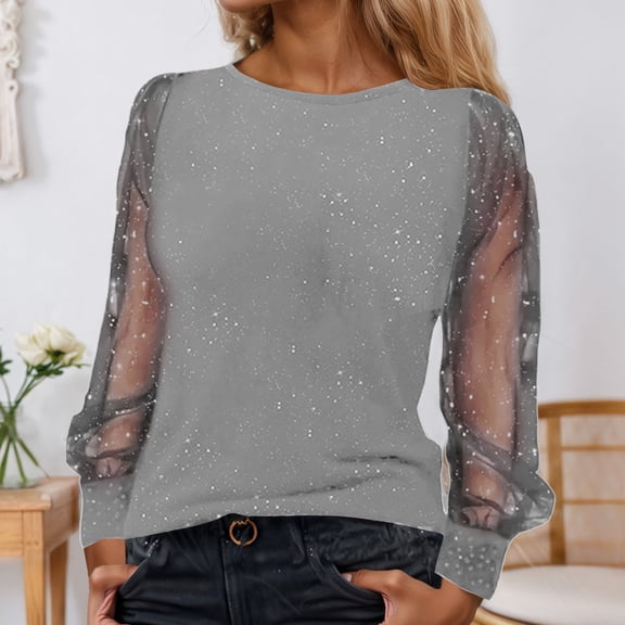 TINZEN Women's Sequins Glitter Shirt Carnival Mesh Top Long Sleeve Elegant Eye Catching Blouse Shirt Women Technical Pants Womens Tees Short Sleeve