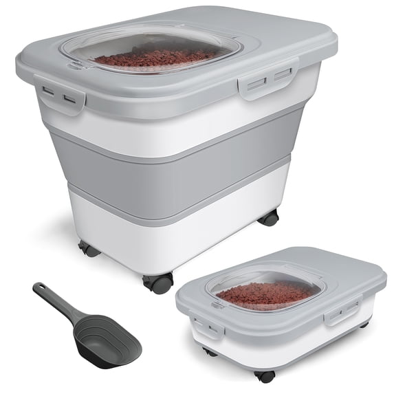 TIOVERY Dog Food Storage Container, 10-20lbs Collapsible Cat Food Containers with Airtight Clear Flip-top,Rolling Wheel and Pet Food Scoop, Pet Food Storage Container Bin for Dog Cat Bird Pets (Grey)