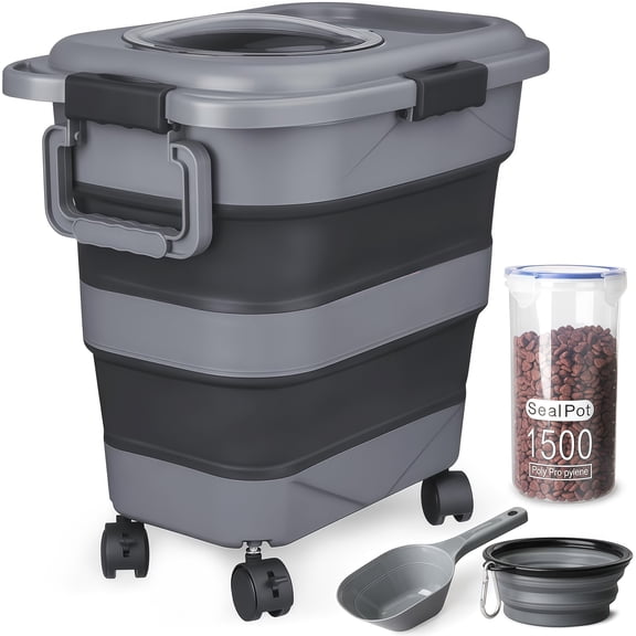 TIOVERY Dog Food Storage Container, 23-25 lbs Airtight Collapsible Cat & Pet Dry Food Storage bin with Attachable Wheels (Dark Grey)