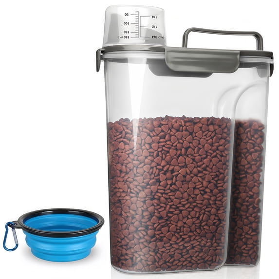 TIOVERY Dog Food Storage Container, 5-7 Lbs Airtight Pet Food Container, Cat Food Container Dispenser Plastic Bin with Pouring Spout, Portable Handle and a Collapsible bowl for Dogs Cats (Grey/6Qt)
