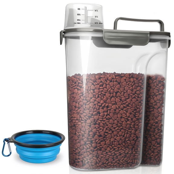 TIOVERY Dog Food Storage Container, 5-7 Lbs Airtight Pet Food Container, Cat Food Container Dispenser Plastic Bin with Pouring Spout, Portable Handle and a Collapsible bowl for Dogs Cats (Grey/6Qt)