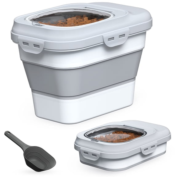 TIOVERY Dog Food Storage Container Small, 10-13lbs Collapsible Dog Cat Food Containers with Airtight Clear Flip-top and Pet Food Scoop, Pet Food Storage Container Bin for Dog Cat Bird Other Pets Grey