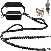TIOVERY Hands Free Double Dog Leash with Pouch, Dual Leash for 2 Dogs with Reflective Padded Handles, Durable Bungee and Lumbar Waist Belt for Walking, Jogging 