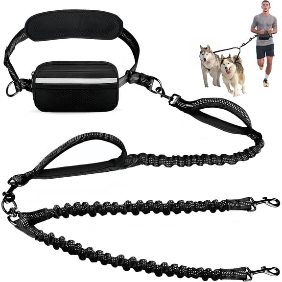 TIOVERY Hands Free Double Dog Leash with Pouch, Dual Leash for 2 Dogs with Reflective Padded Handles, Durable Bungee and Lumbar Waist Belt for Walking, Jogging and Running (Small, 8-25 lbs, Black)