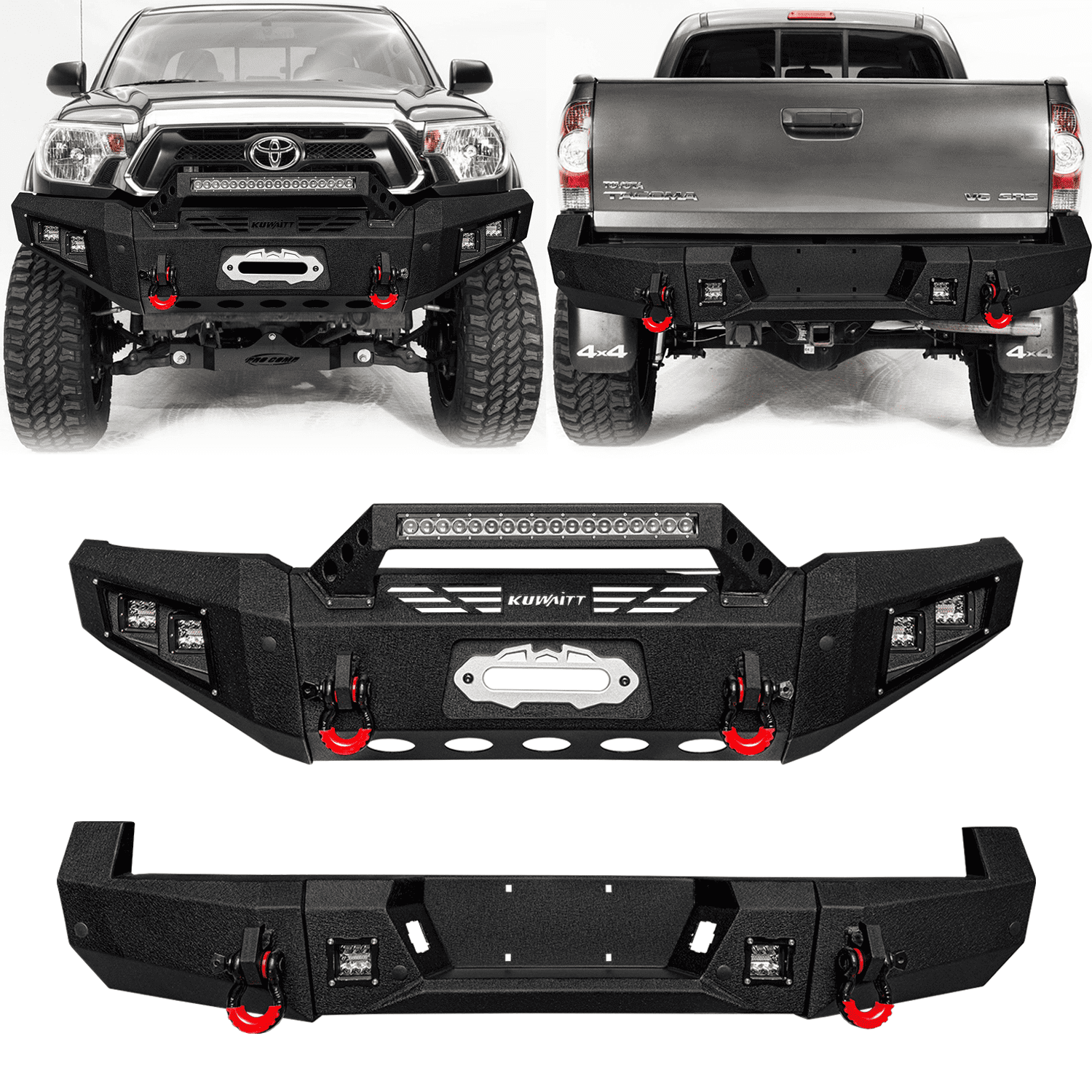 TIOYAR For 2005-2015 Toyota Tacoma Steel New Front and Rear Bumper With Winch Plate&Lights (Black Texture)