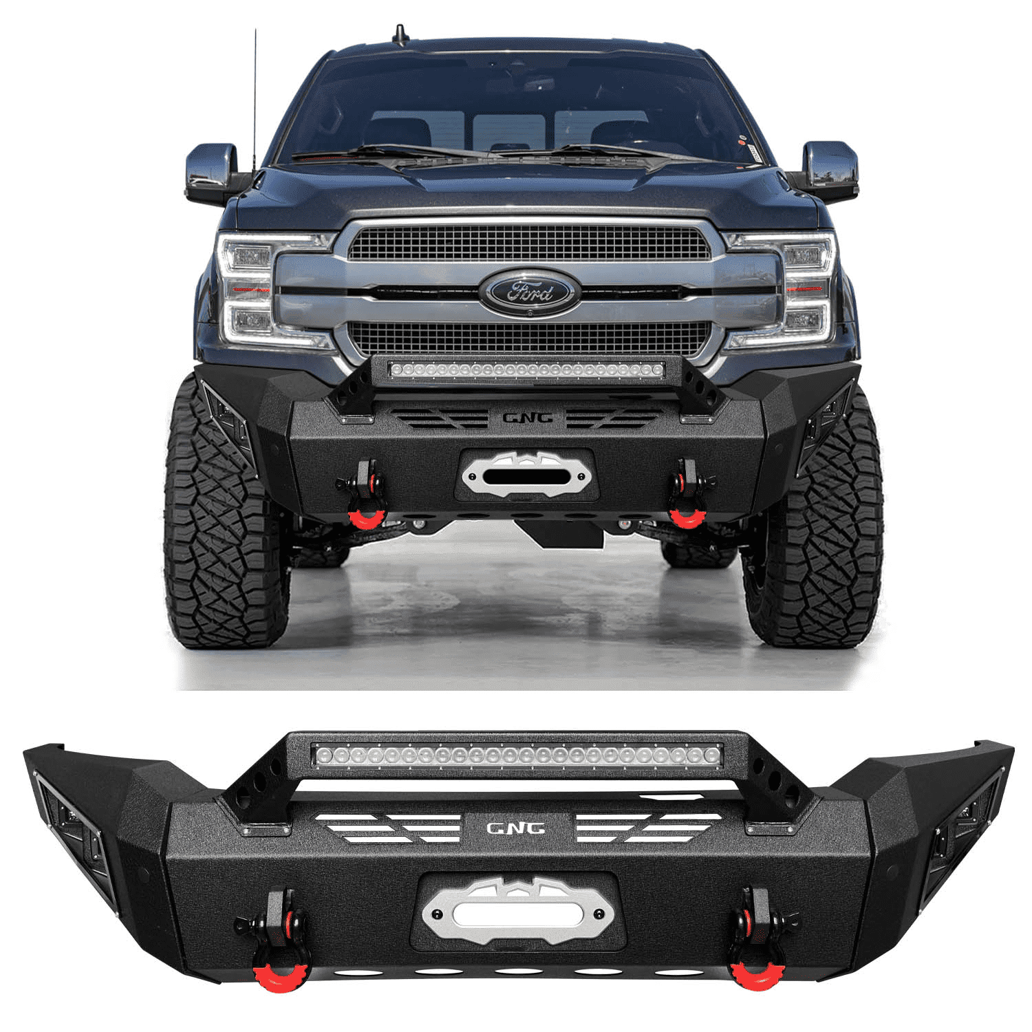 TIOYAR Alloy Steel Front Bumper for 2018/2019/2020 Ford F150（Not Fit Raptor and EcoBoost）With Winch Plate&Lights&D-Rings（Black Texture）