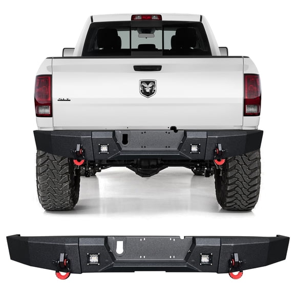 TIOYAR Compatible with 2010-2011-2012-2013-2014-2015-2016-2017-2018 Dodge RAM 2500/3500 Rear Bumper Textured Black Steel With Square Lights and D-Rings