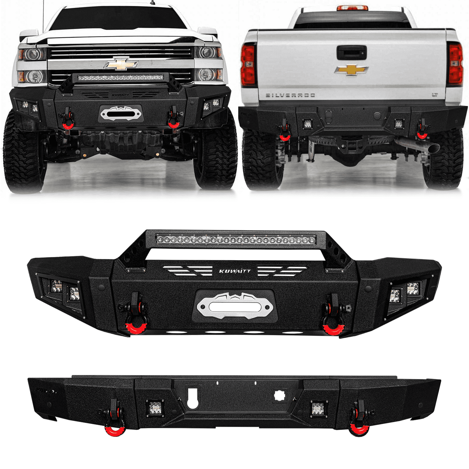 TIOYAR Steel Front and Rear Bumper With Winch Plate&Lights Compatible with 2015-2019 Chevy Silverado 2500/3500（Black Texture）