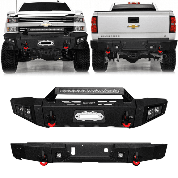 TIOYAR Steel Front and Rear Bumper With Winch Plate&Lights Compatible with 2015-2019 Chevy Silverado 2500/3500Black Texture