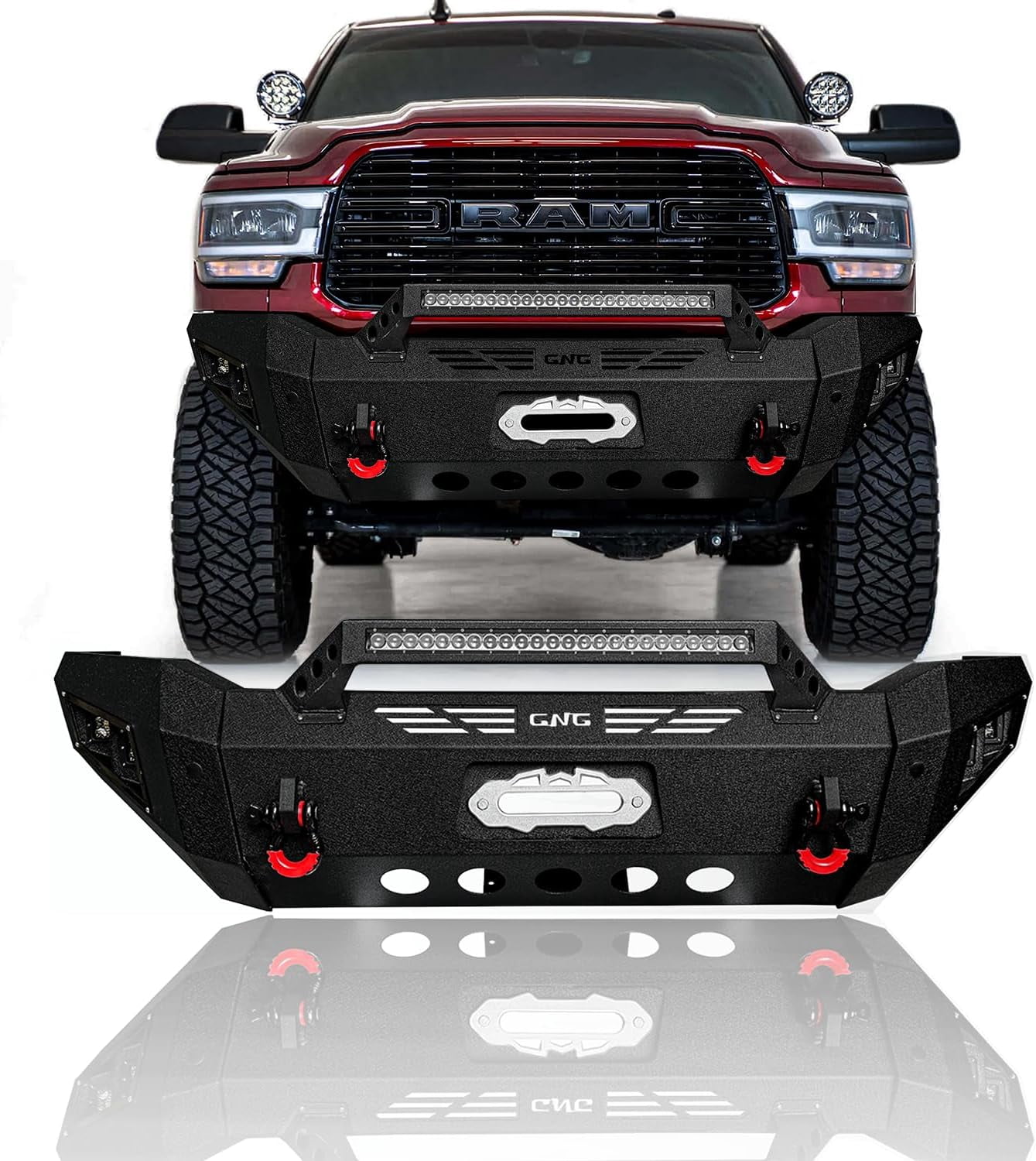TIOYAR Compatible with 2019-2020-2021-2022-2023-2024 Dodge RAM 2500/3500 Front Bumper Textured Black Steel With Winch Plate&Lights&D-Rings