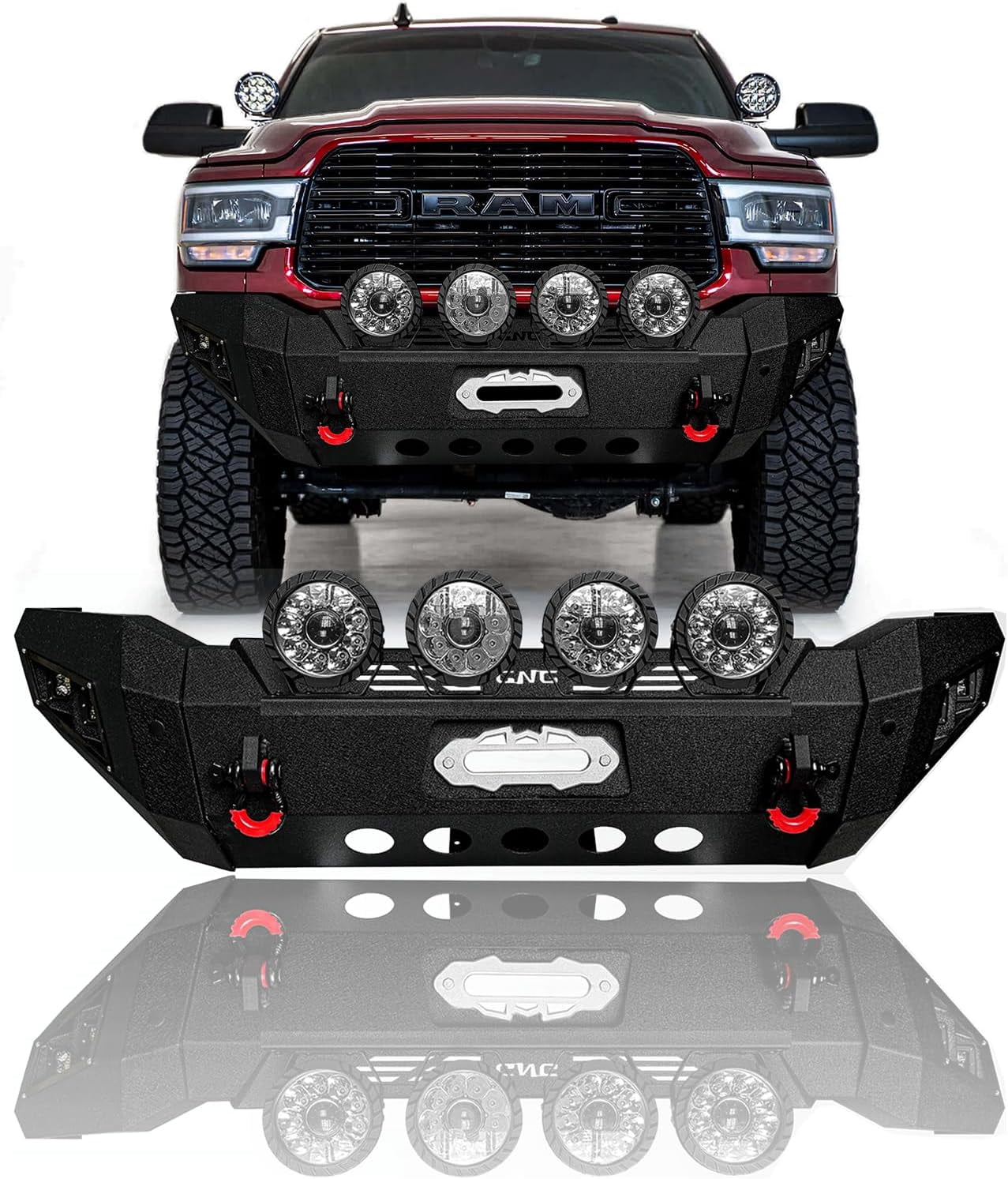 TIOYAR Compatible with 2019-2020-2021-2022-2023-2024 Dodge RAM 2500/3500 Front Bumper Textured Black Steel With Winch Plate and Lights