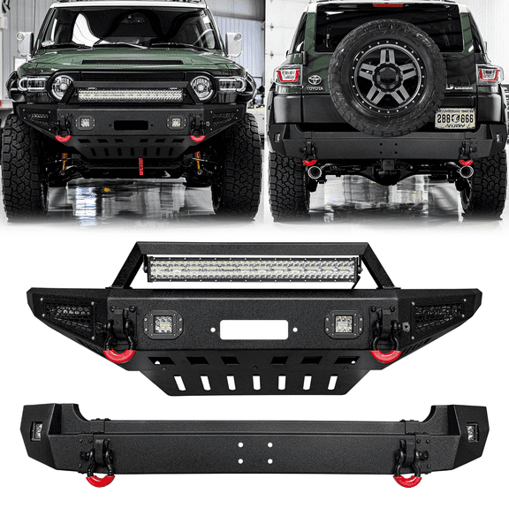 TIOYAR For 2007-2014 Toyota FJ Cruiser Steel Front and Rear Bumper With Winch Plate&Lights (Black Texture)