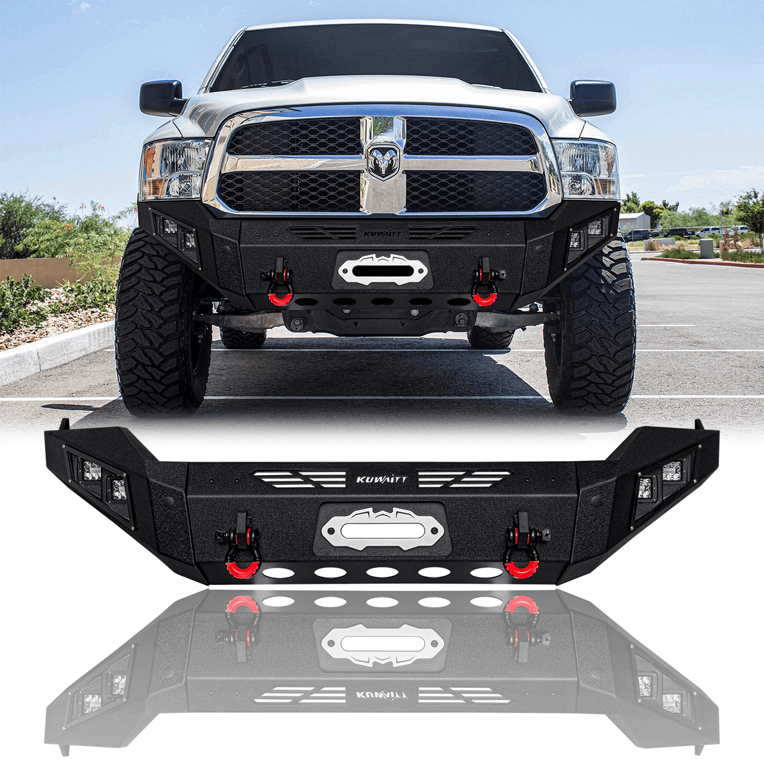 TIOYAR For 2013-2014-2015-2016-2017-2018 Dodge Ram 1500 (Not fit Rebel model) Steel Front Bumper With Winch Plate&Square Lights (Black Texture)