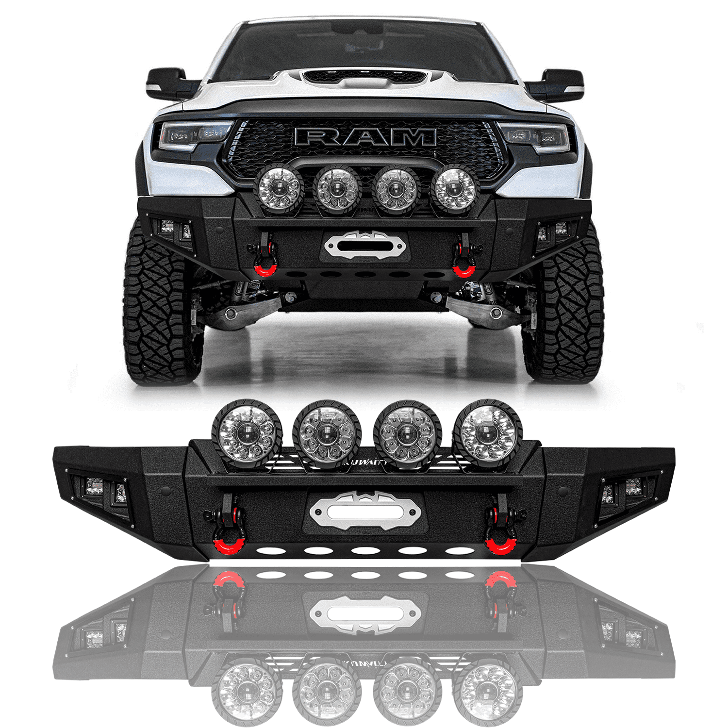 TIOYAR For 2019-2024 Dodge Ram 1500 (Not fit classic model) Front Bumper With Winch Plate&Lights (Black Texture)