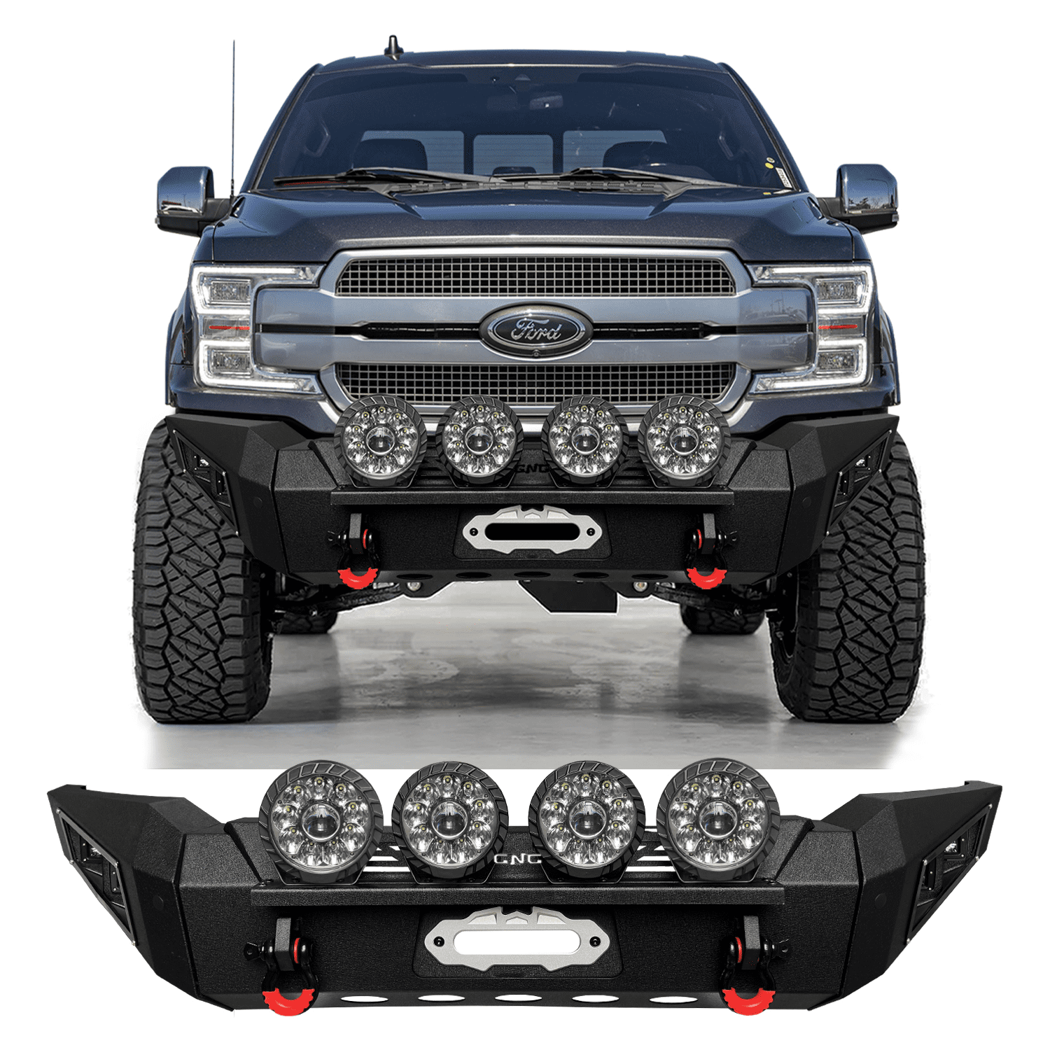 TIOYAR Steel Front Bumper for 2018-2019-2020 Ford F150（Not Fit Raptor and EcoBoost）With Winch Plate&Lights（Black Texture）